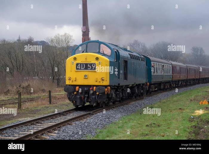 A train engine pulls a train with three cars